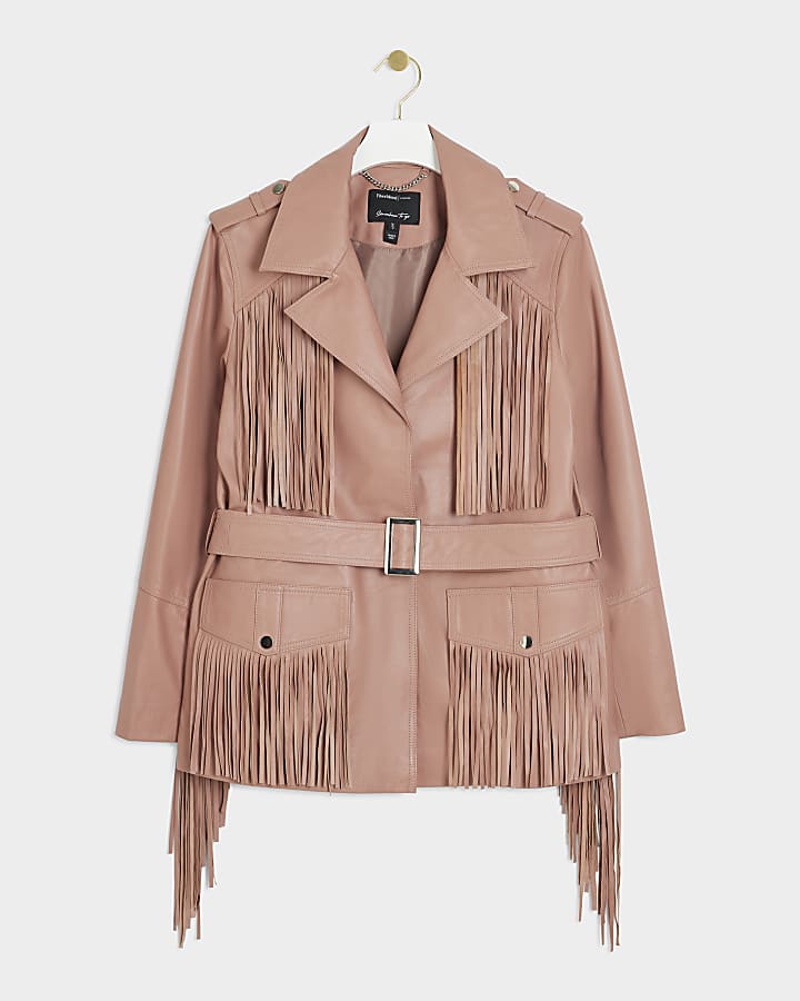Pink Leather Tassel Belted Jacket