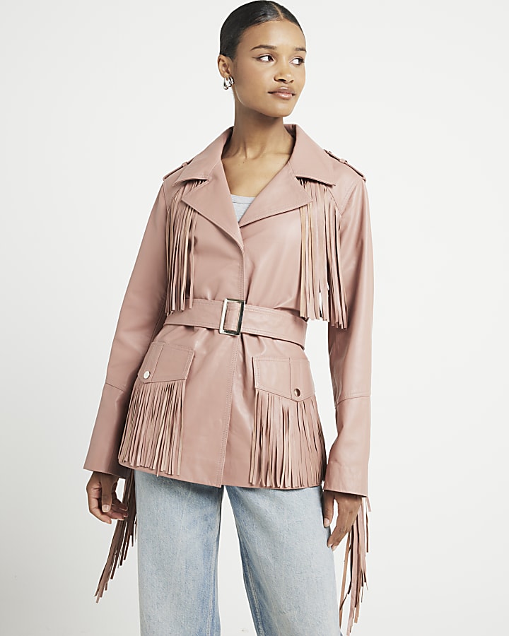 Pink Leather Tassel Belted Jacket