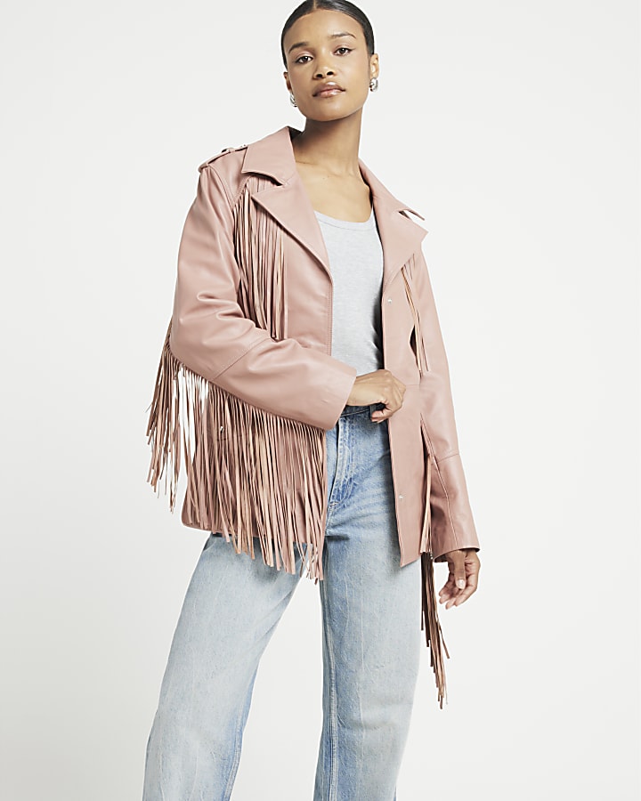 Pink Leather Tassel Belted Jacket