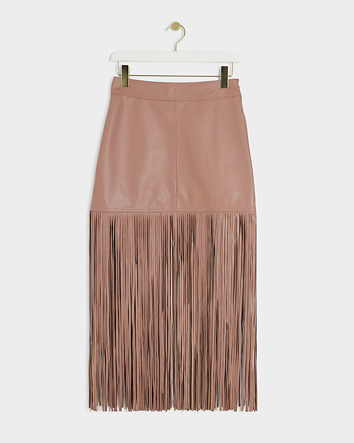 Pink Leather Fringe Mini Skirt