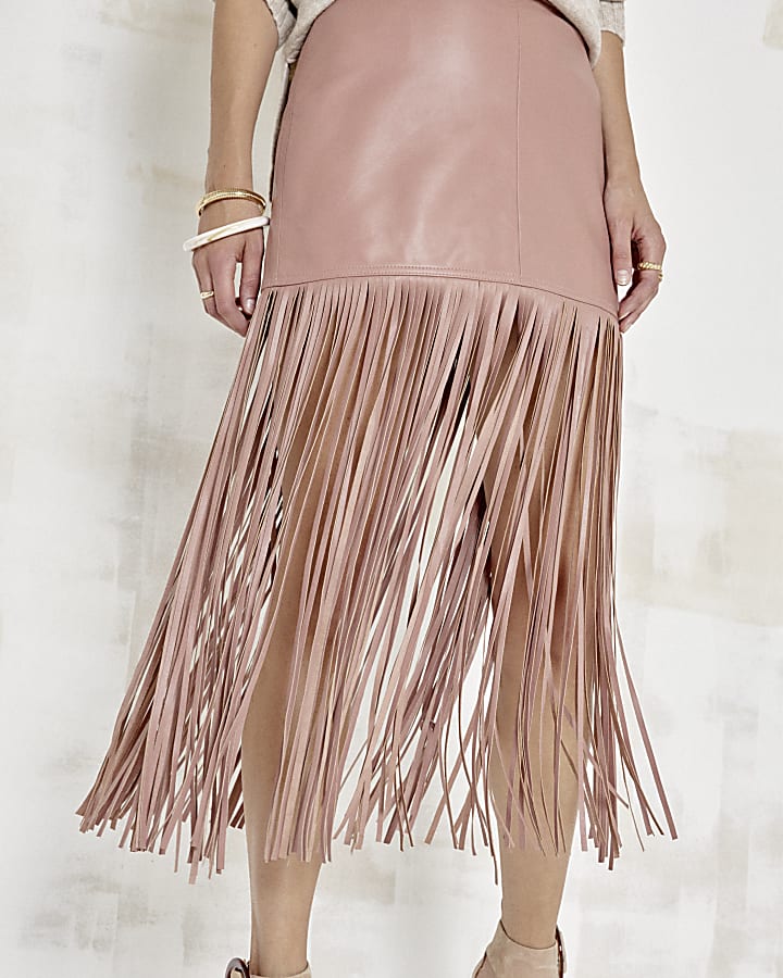 Pink Leather Fringe Mini Skirt