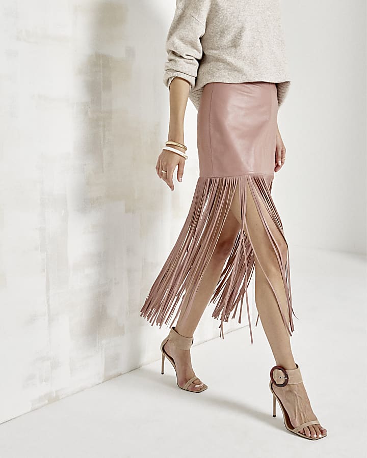 Pink Leather Fringe Mini Skirt