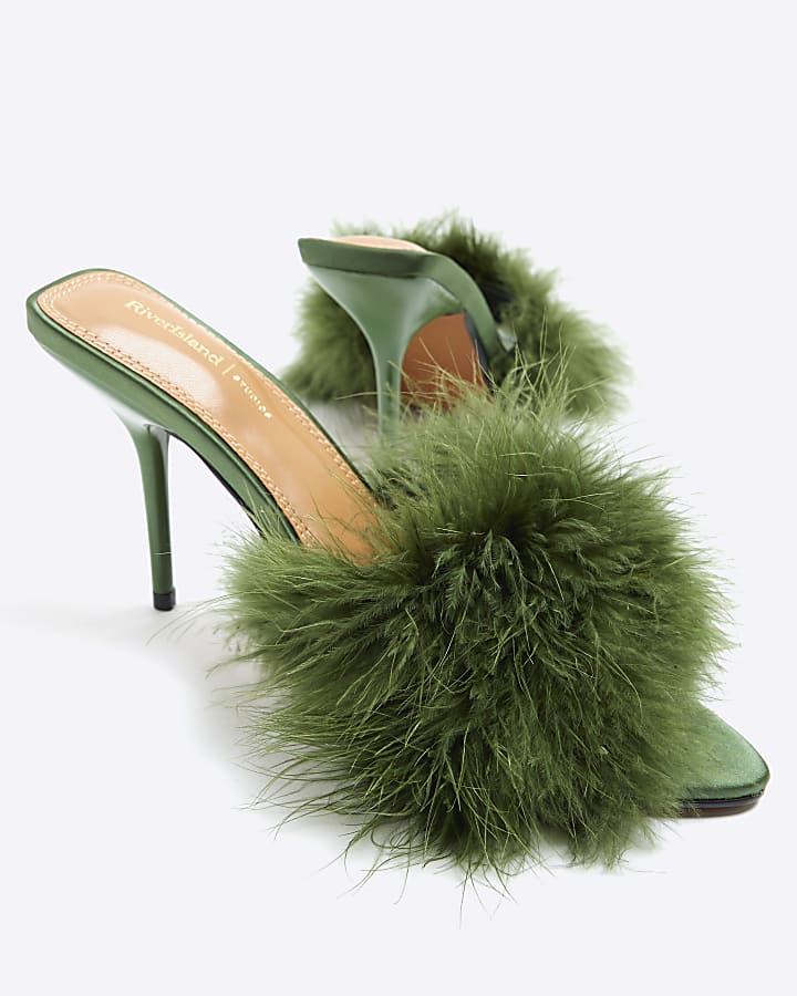 Green Feather Heeled Sandals