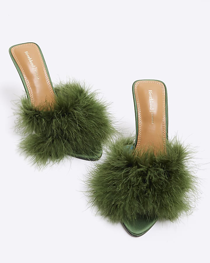 Green Feather Heeled Sandals