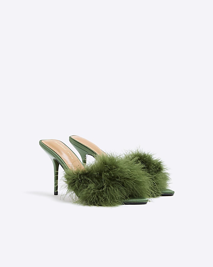 Green Feather Heeled Sandals