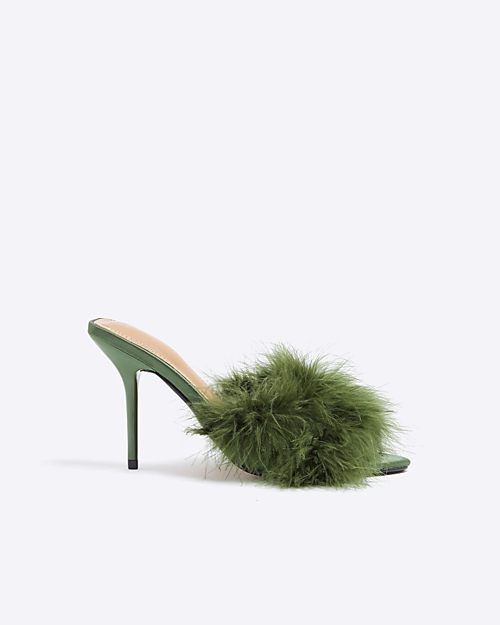 Green Feather Heeled Sandals