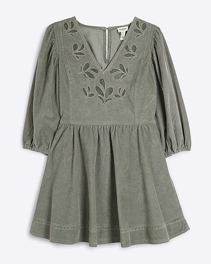 Khaki Corduroy Cutwork Mini Skater Dress