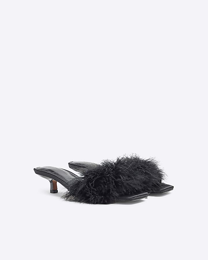 Black Feather Kitten Heel Mules