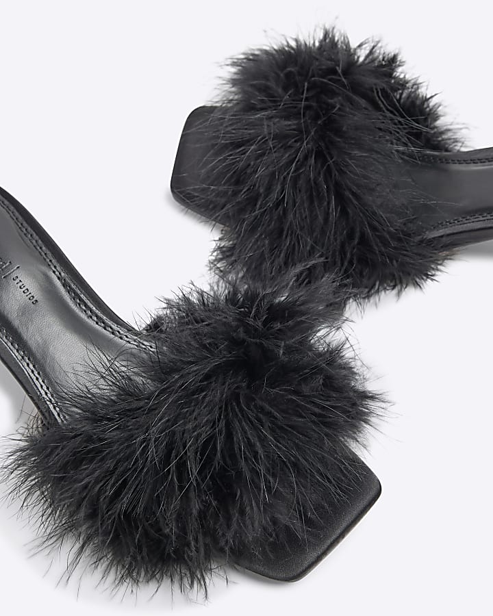 Black Feather Kitten Heel Mules