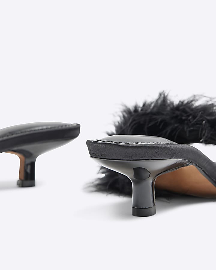 Black Feather Kitten Heel Mules