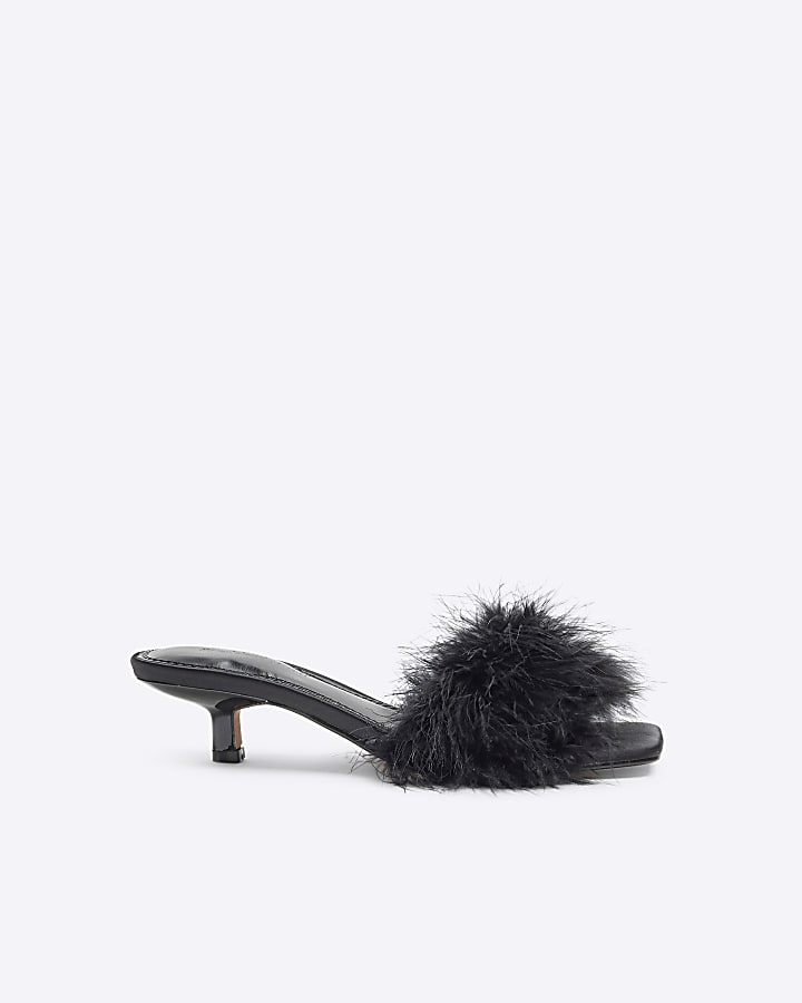 Black Feather Kitten Heel Mules