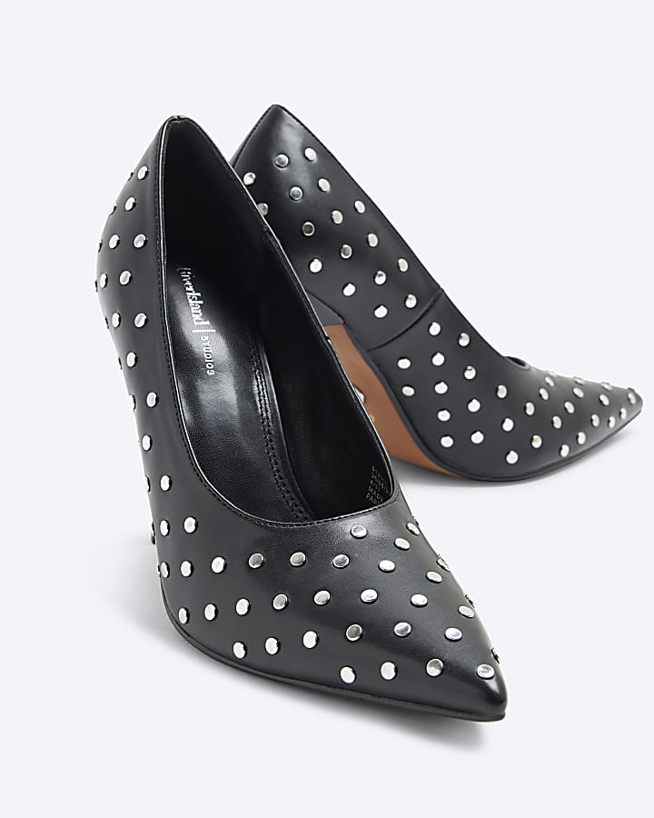 Black Stud Heeled Court Shoes