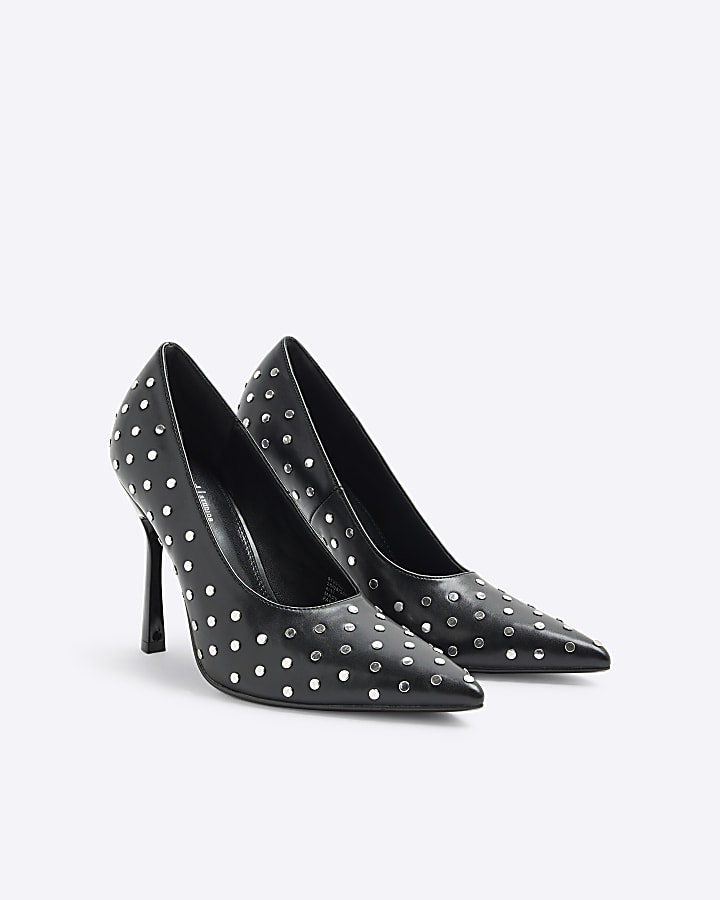 Black Stud Heeled Court Shoes