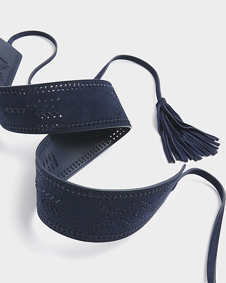 Navy Suede Whipstitch Tie Up Belt