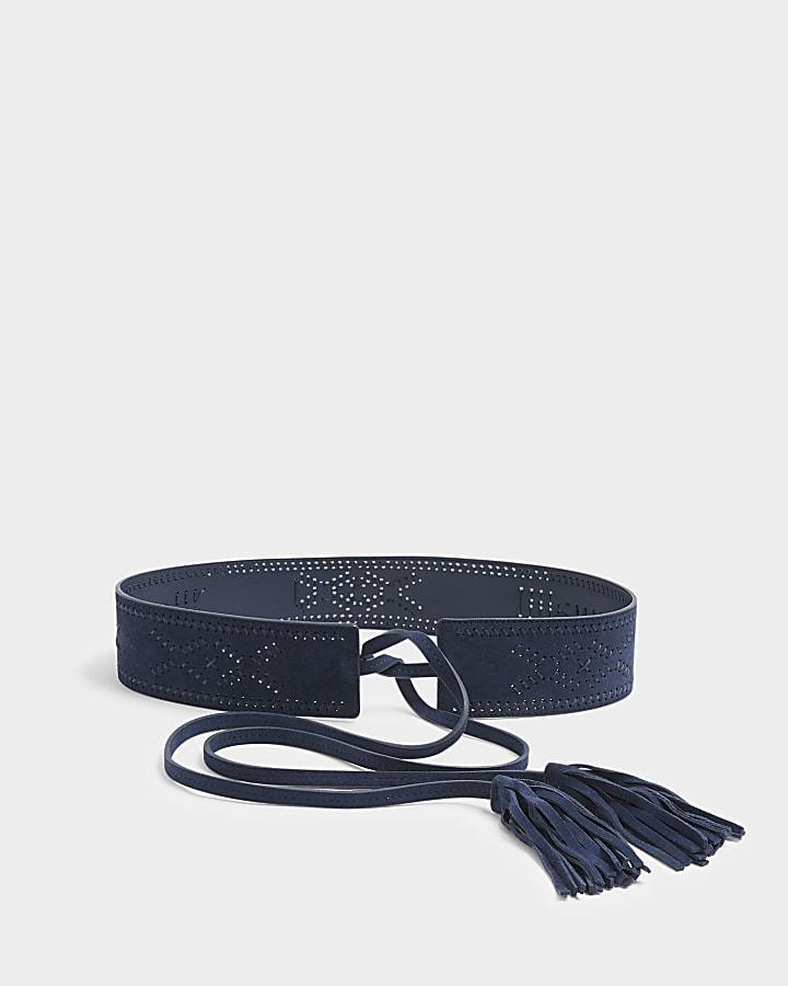 Navy Suede Whipstitch Tie Up Belt