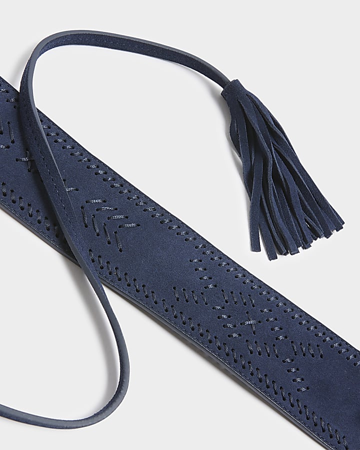 Navy Suede Whipstitch Tie Up Belt