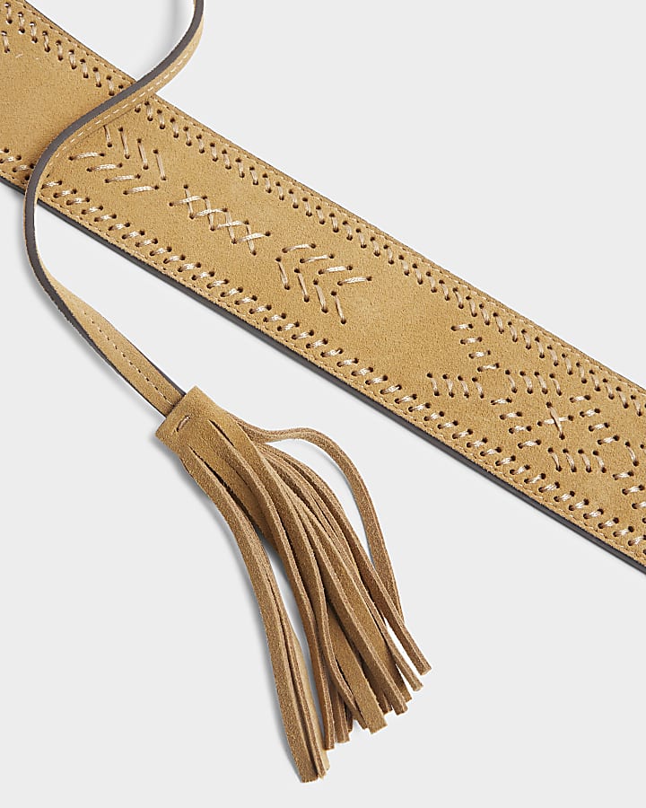 Beige Suede Whipstitch Tie Up Belt