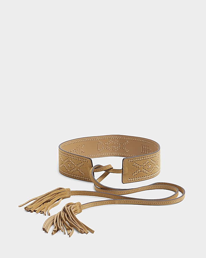 Beige Suede Whipstitch Tie Up Belt