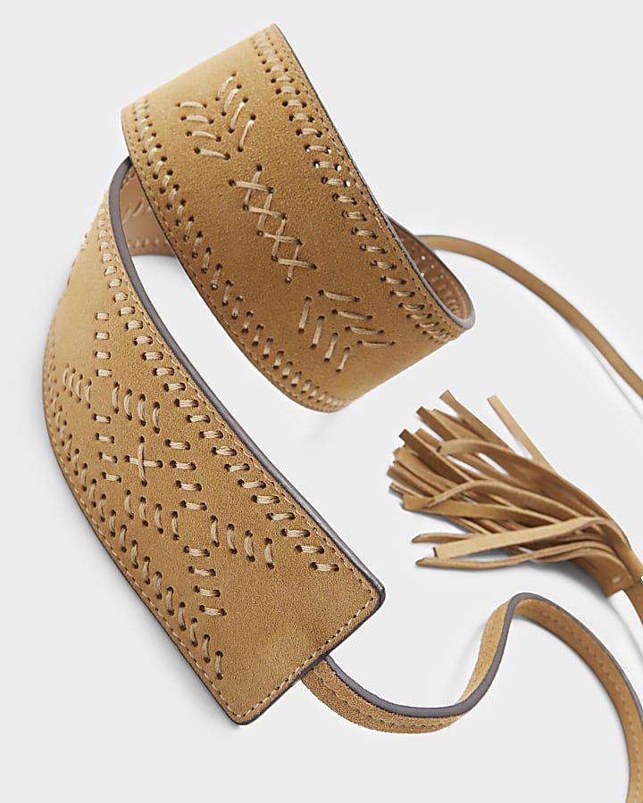 Beige Suede Whipstitch Tie Up Belt