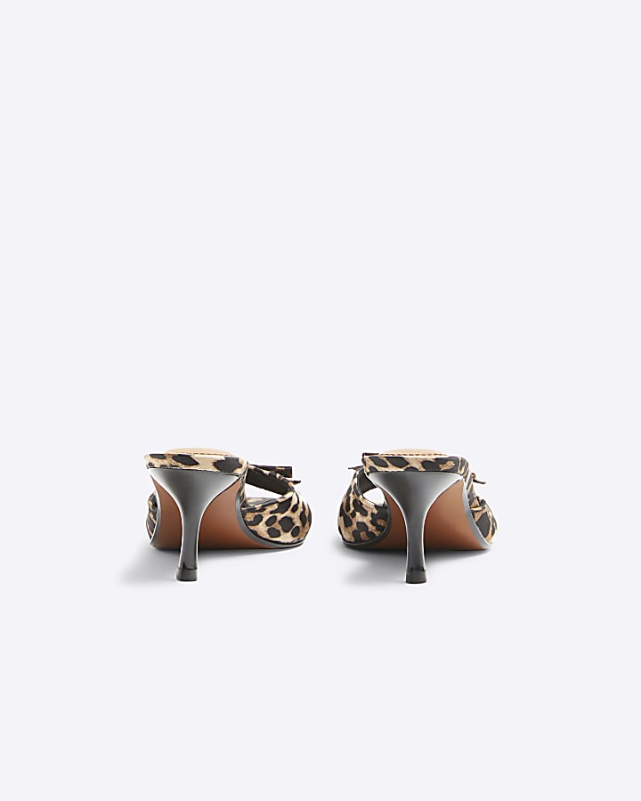 Brown Leopard Mini Bow Kitten Heel Mules