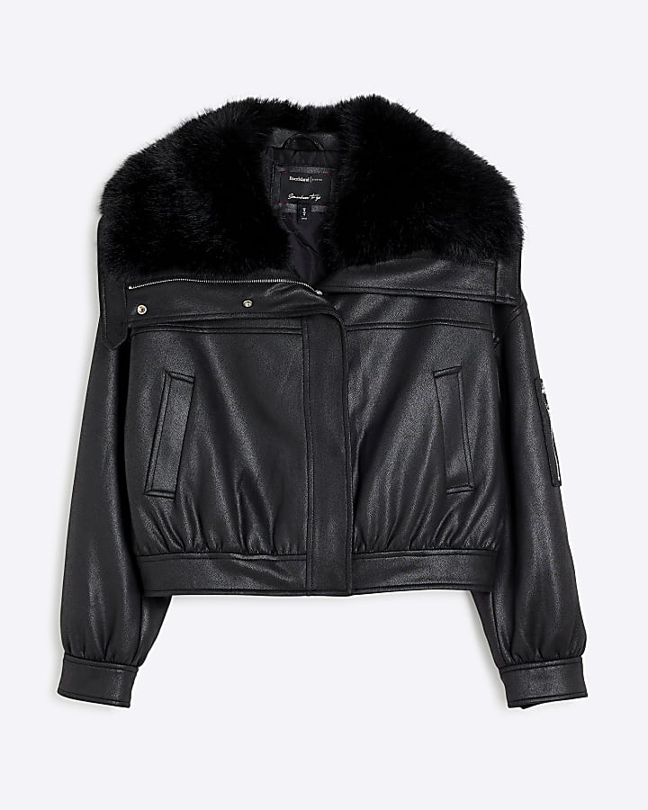 Black Faux Leather Bomber Jacket