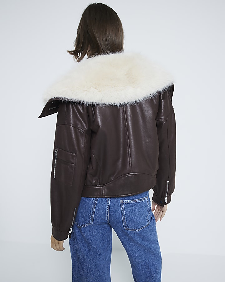 Brown Padded Faux Fur Trim Bomber Jacket