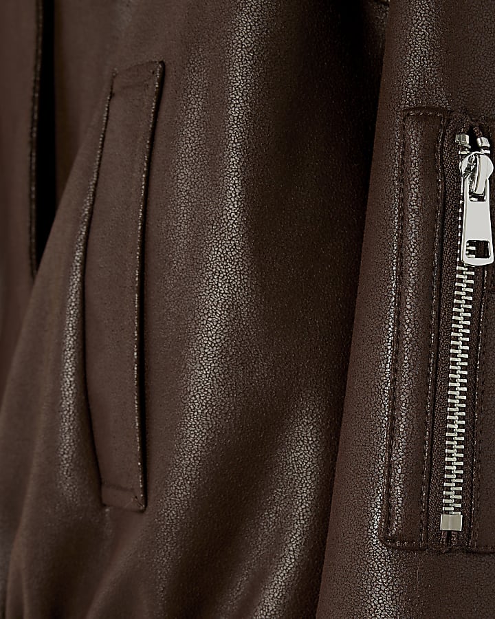Brown Padded Faux Fur Trim Bomber Jacket