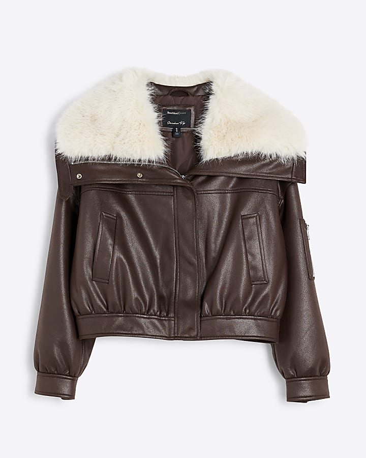 Brown Padded Faux Fur Trim Bomber Jacket