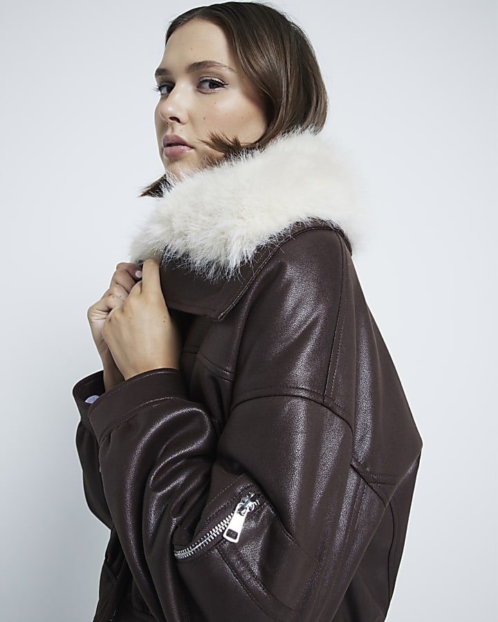 Brown Padded Faux Fur Trim Bomber Jacket