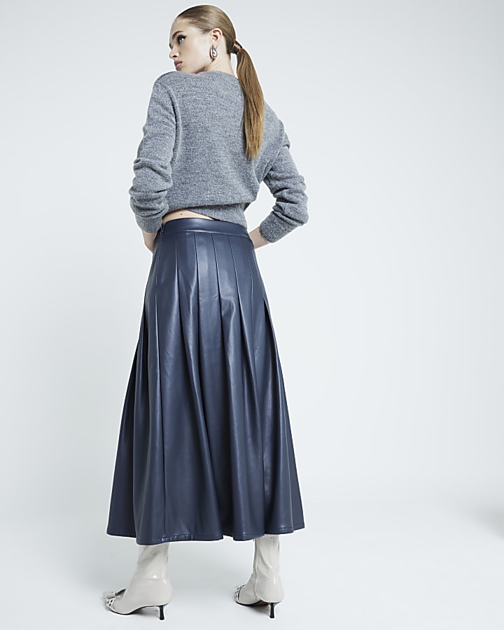 Navy Faux Leather Pleated Midi Skirt