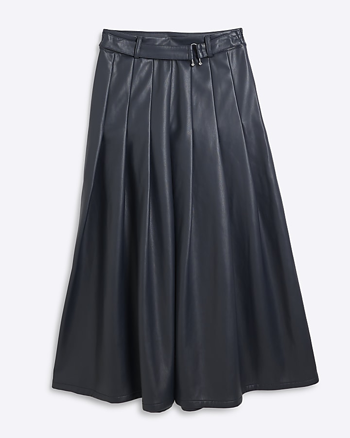 Navy Faux Leather Pleated Midi Skirt