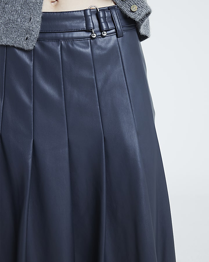 Navy Faux Leather Pleated Midi Skirt