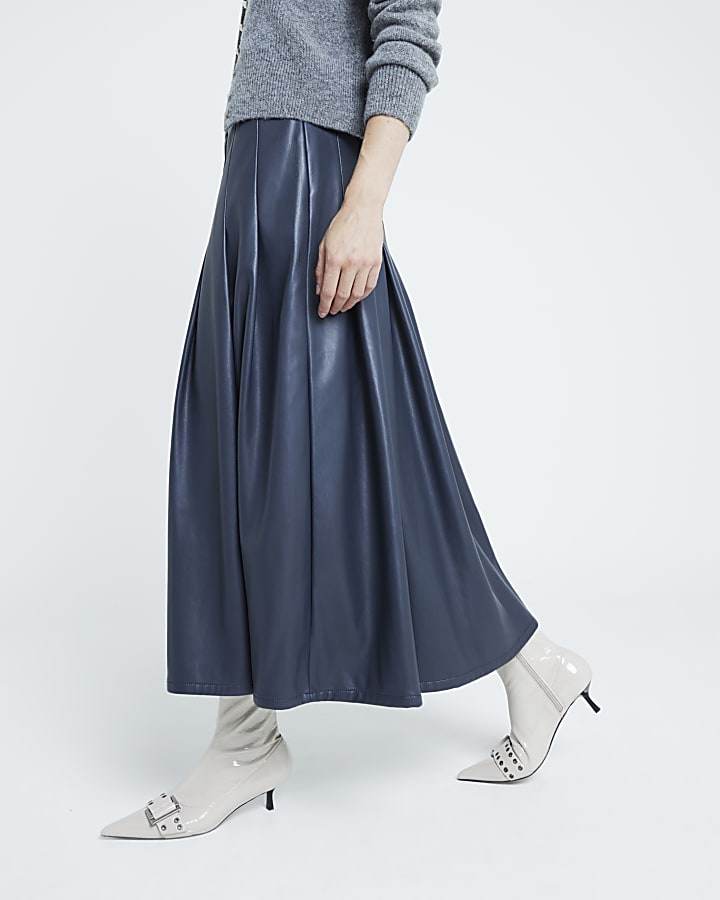 Navy Faux Leather Pleated Midi Skirt