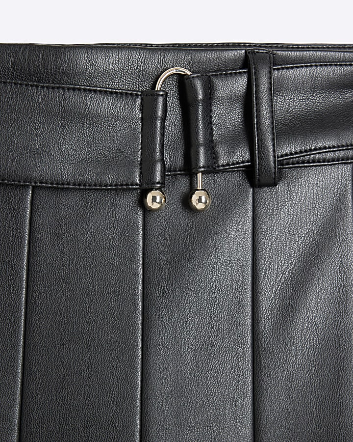Black Faux Leather Pleated Midi Skirt