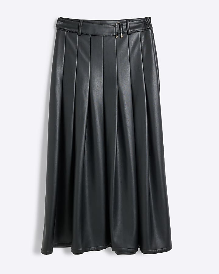 Black Faux Leather Pleated Midi Skirt