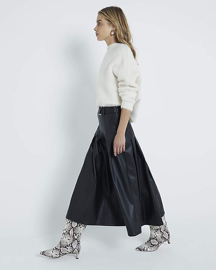 Black Faux Leather Pleated Midi Skirt