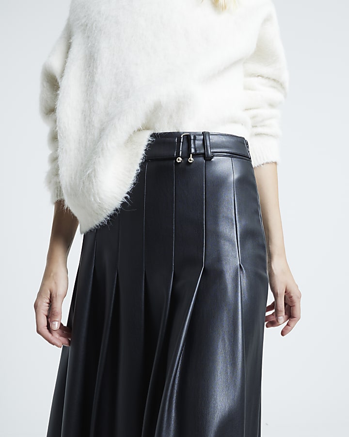 Black Faux Leather Pleated Midi Skirt