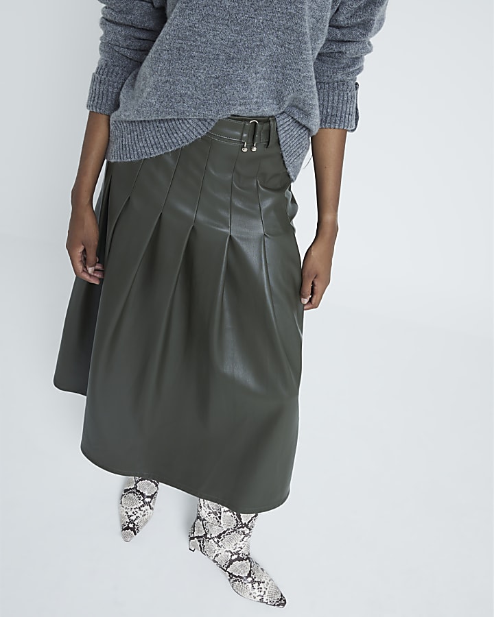 Green faux leather pleated midi skirt