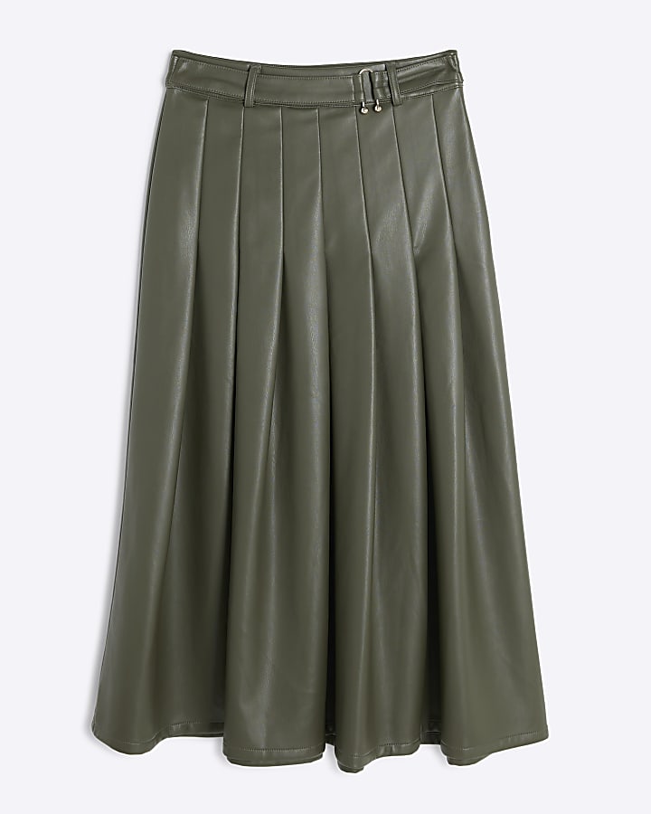 Green faux leather pleated midi skirt