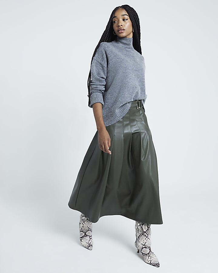 Green faux leather pleated midi skirt River Island