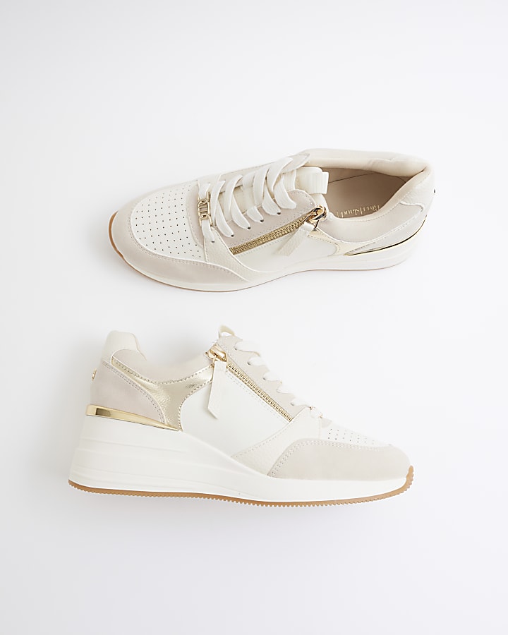 White wide fit lace Up Wedge Trainers