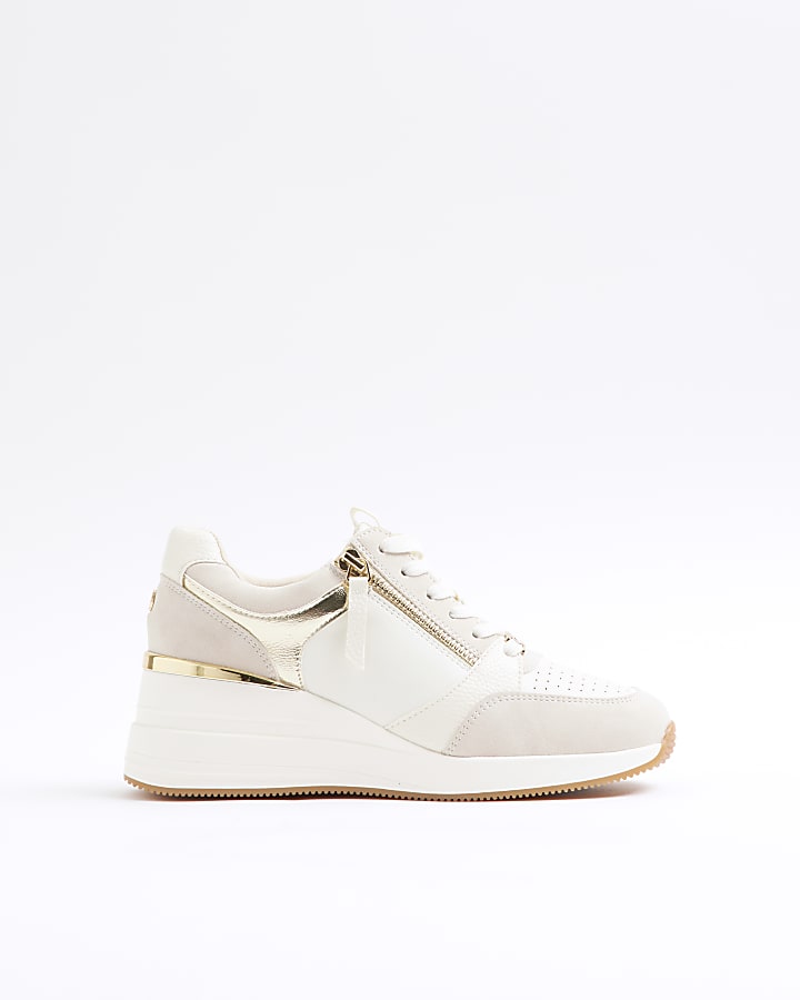 White wide fit lace Up Wedge Trainers