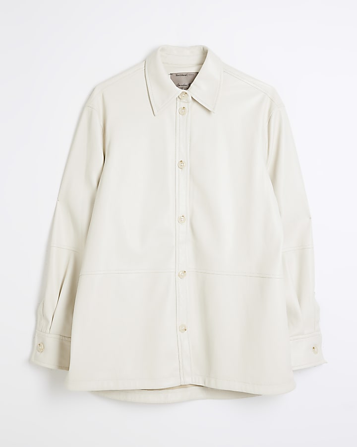 Cream Faux leather Long Sleeve Shirt