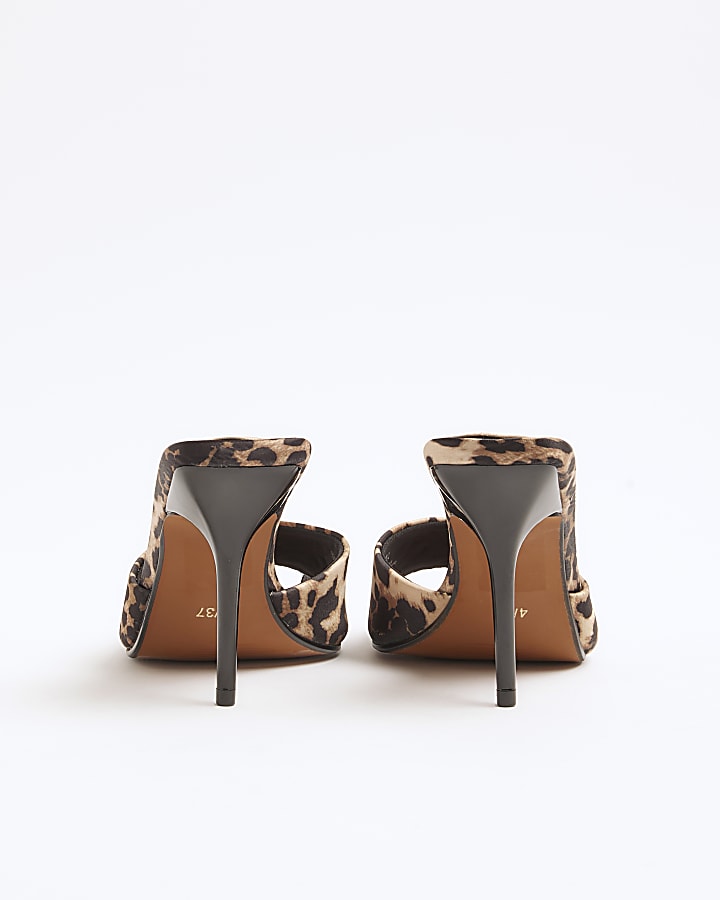 Brown satin leopard print heeled mule sandals