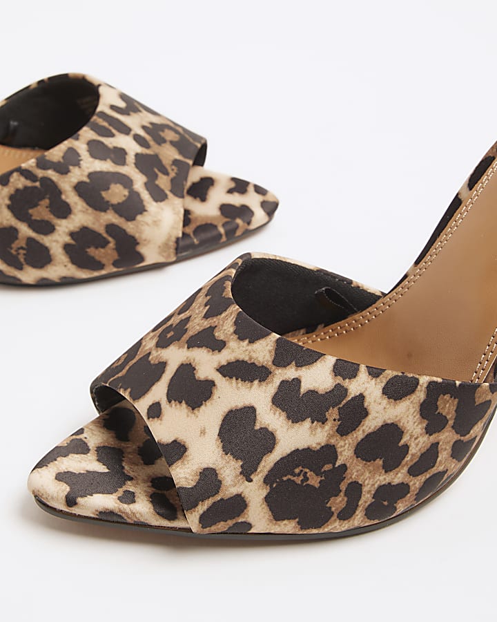 Brown satin leopard print heeled mule sandals