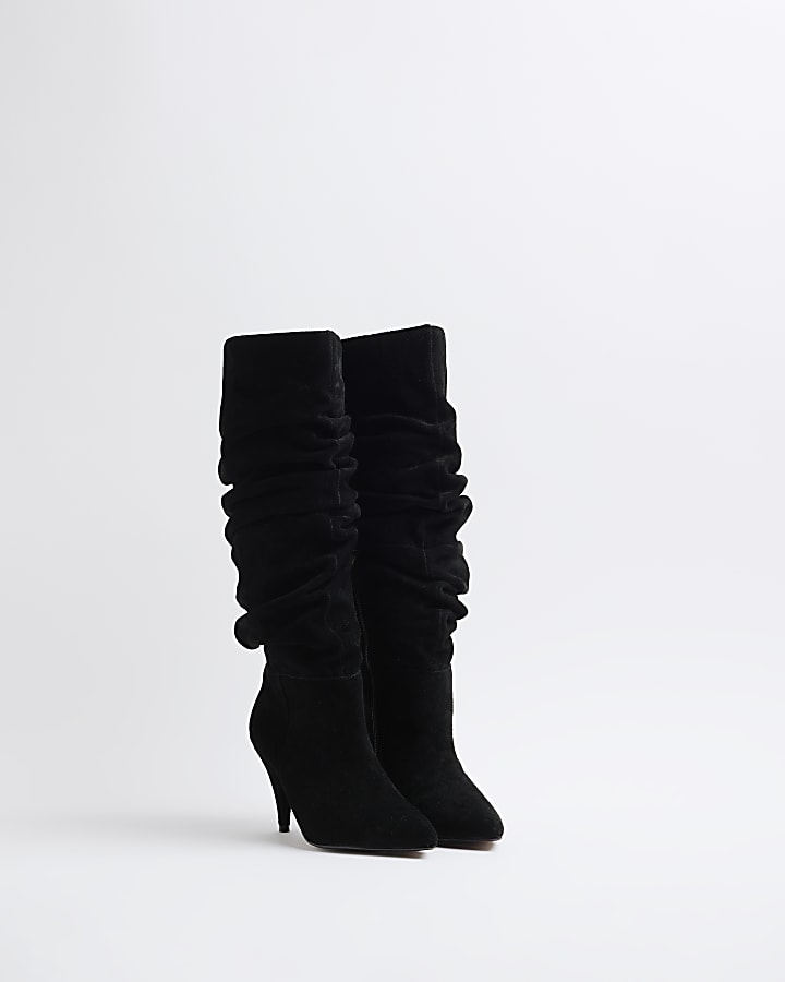 Black Suede Slouch High Heeled Boots