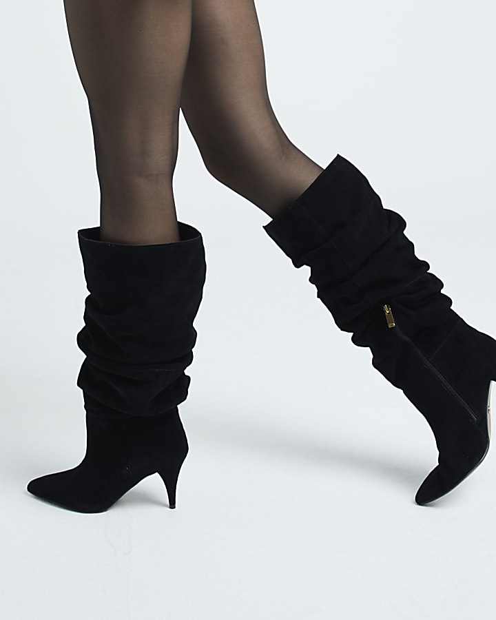 Black Suede Slouch High Heeled Boots River Island