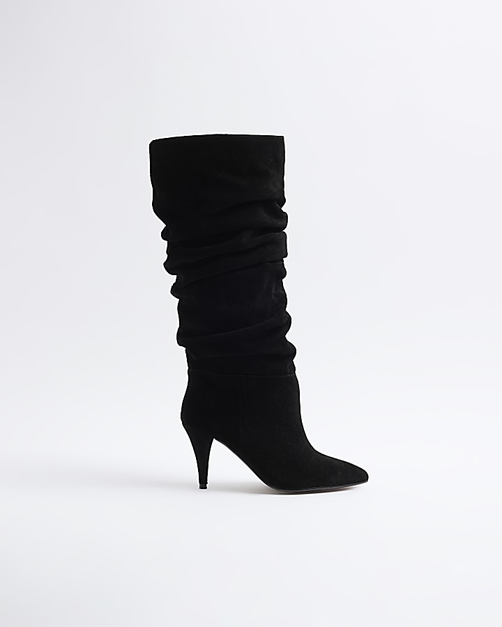 Black Suede Slouch High Heeled Boots