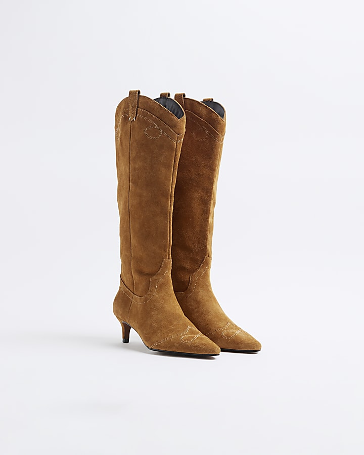 Tan Suede Knee High Western Boots