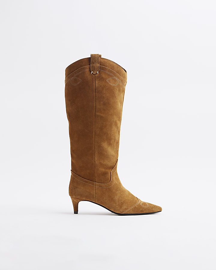 Tan Suede Knee High Western Boots